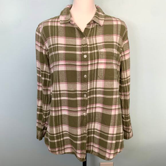 GAP Boyfriend Green Plaid Flannel Button Down Size Large - Picture 6 of 7